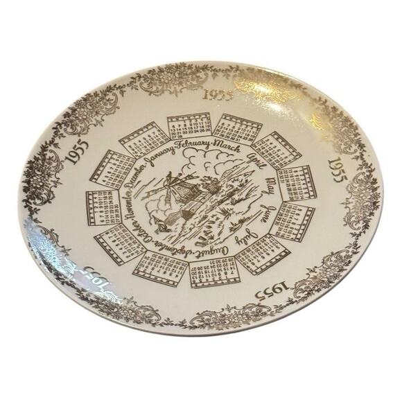 1955 Calendar Plate Floral Designs Windmill Dish Birth Year Dutch Celebration - Picture 3 of 8